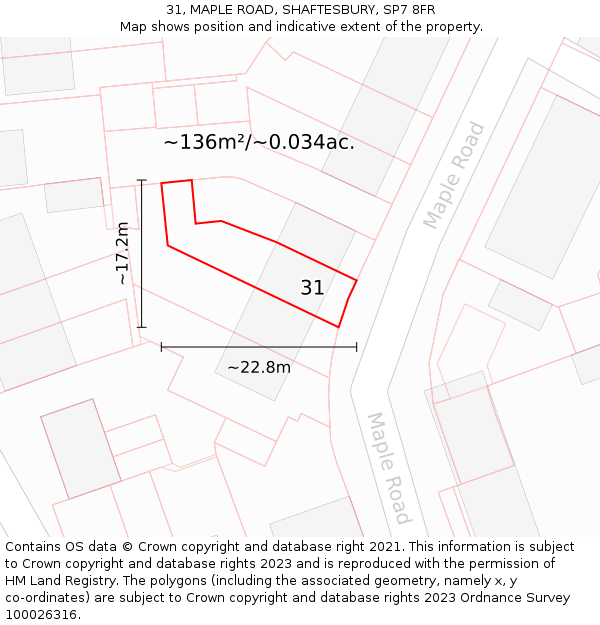 31, MAPLE ROAD, SHAFTESBURY, SP7 8FR: Plot and title map