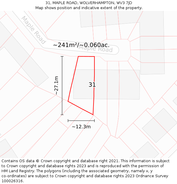 31, MAPLE ROAD, WOLVERHAMPTON, WV3 7JD: Plot and title map