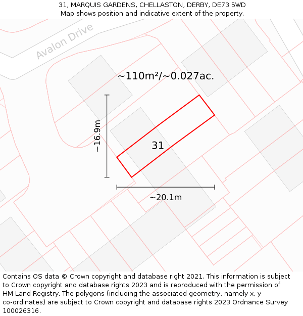 31, MARQUIS GARDENS, CHELLASTON, DERBY, DE73 5WD: Plot and title map
