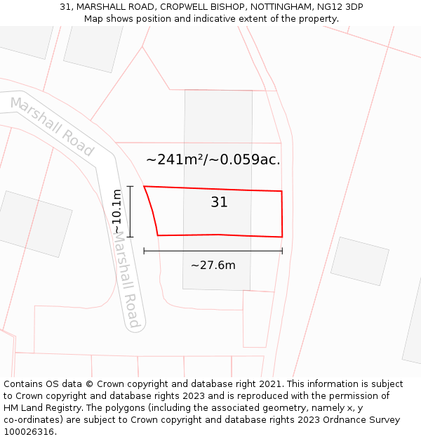 31, MARSHALL ROAD, CROPWELL BISHOP, NOTTINGHAM, NG12 3DP: Plot and title map