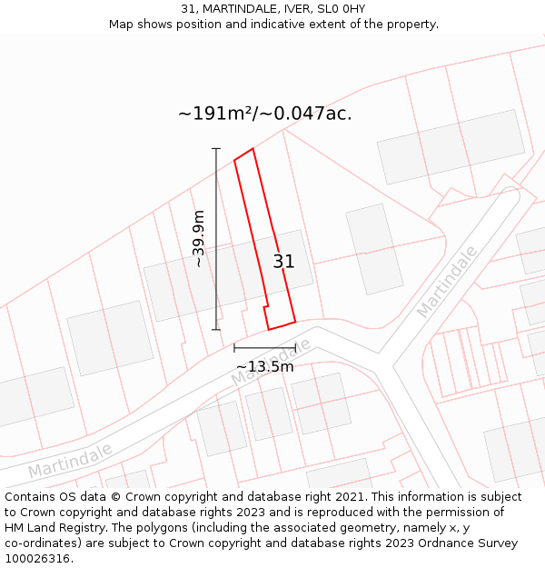 31, MARTINDALE, IVER, SL0 0HY: Plot and title map