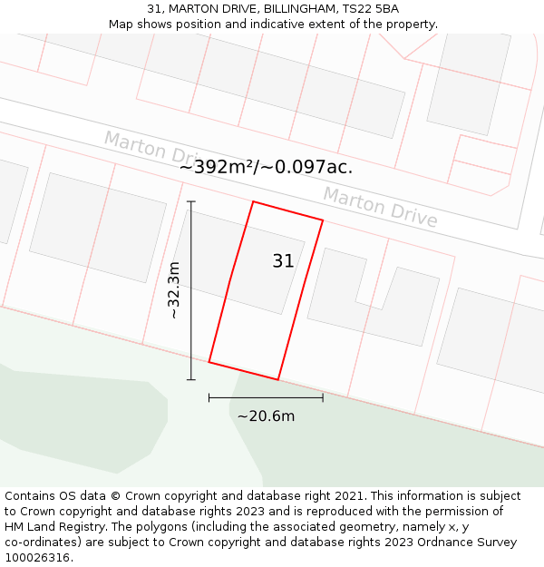 31, MARTON DRIVE, BILLINGHAM, TS22 5BA: Plot and title map