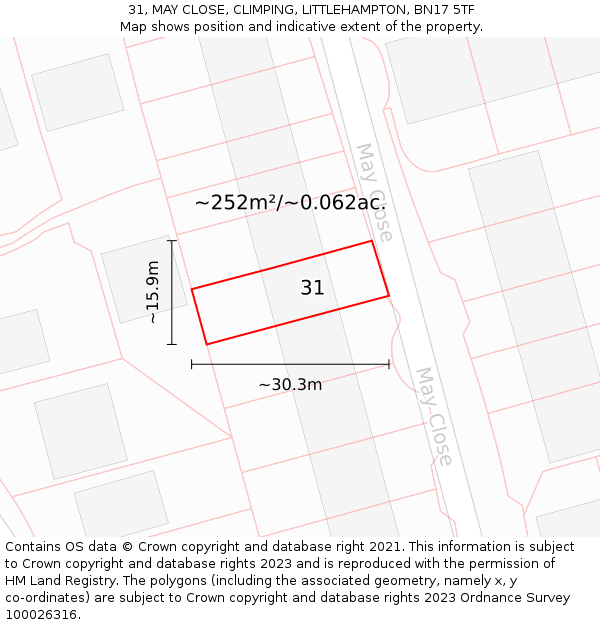 31, MAY CLOSE, CLIMPING, LITTLEHAMPTON, BN17 5TF: Plot and title map