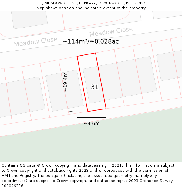 31, MEADOW CLOSE, PENGAM, BLACKWOOD, NP12 3RB: Plot and title map