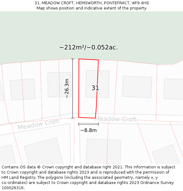 31, MEADOW CROFT, HEMSWORTH, PONTEFRACT, WF9 4HS: Plot and title map