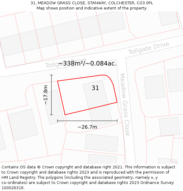 31, MEADOW GRASS CLOSE, STANWAY, COLCHESTER, CO3 0PL: Plot and title map