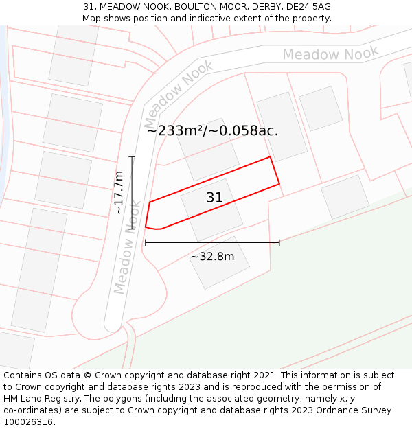 31, MEADOW NOOK, BOULTON MOOR, DERBY, DE24 5AG: Plot and title map