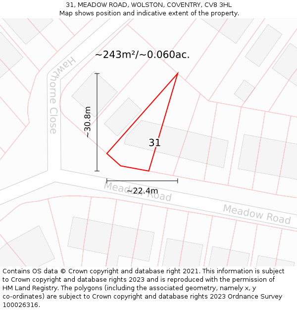 31, MEADOW ROAD, WOLSTON, COVENTRY, CV8 3HL: Plot and title map