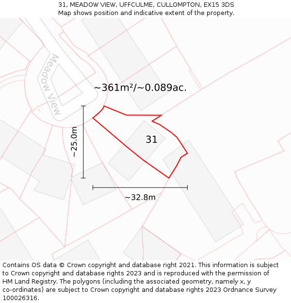 31, MEADOW VIEW, UFFCULME, CULLOMPTON, EX15 3DS: Plot and title map