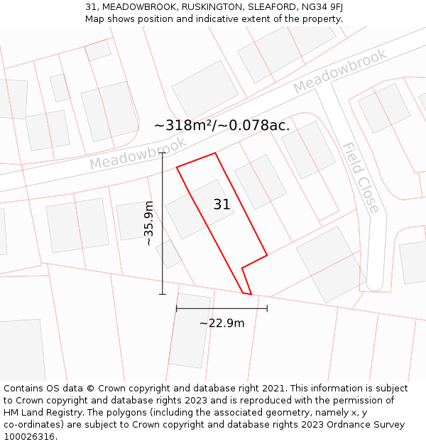 31, MEADOWBROOK, RUSKINGTON, SLEAFORD, NG34 9FJ: Plot and title map
