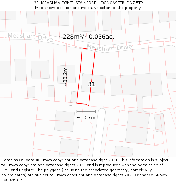 31, MEASHAM DRIVE, STAINFORTH, DONCASTER, DN7 5TP: Plot and title map