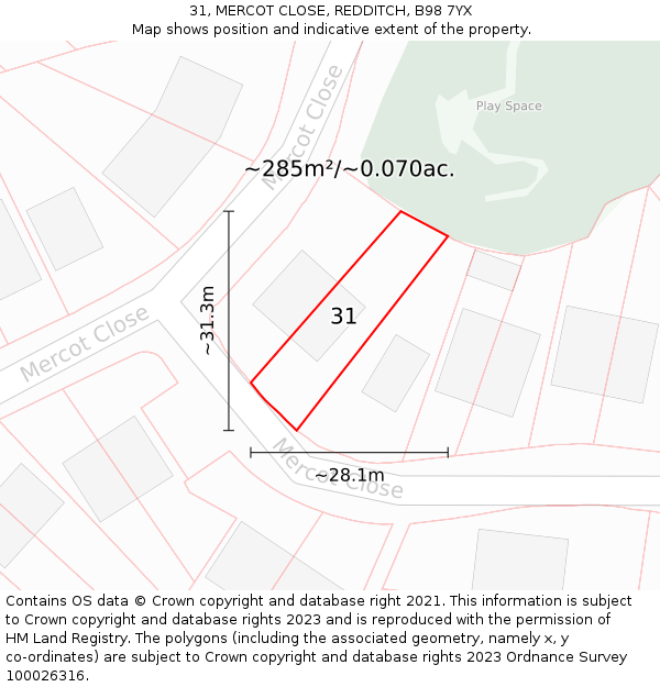 31, MERCOT CLOSE, REDDITCH, B98 7YX: Plot and title map