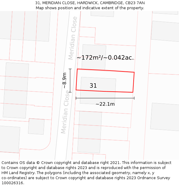 31, MERIDIAN CLOSE, HARDWICK, CAMBRIDGE, CB23 7AN: Plot and title map