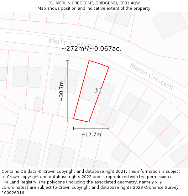 31, MERLIN CRESCENT, BRIDGEND, CF31 4QW: Plot and title map