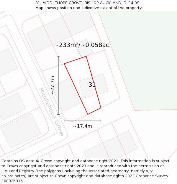 31, MIDDLEHOPE GROVE, BISHOP AUCKLAND, DL14 0SH: Plot and title map