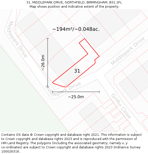31, MIDDLEPARK DRIVE, NORTHFIELD, BIRMINGHAM, B31 2FL: Plot and title map