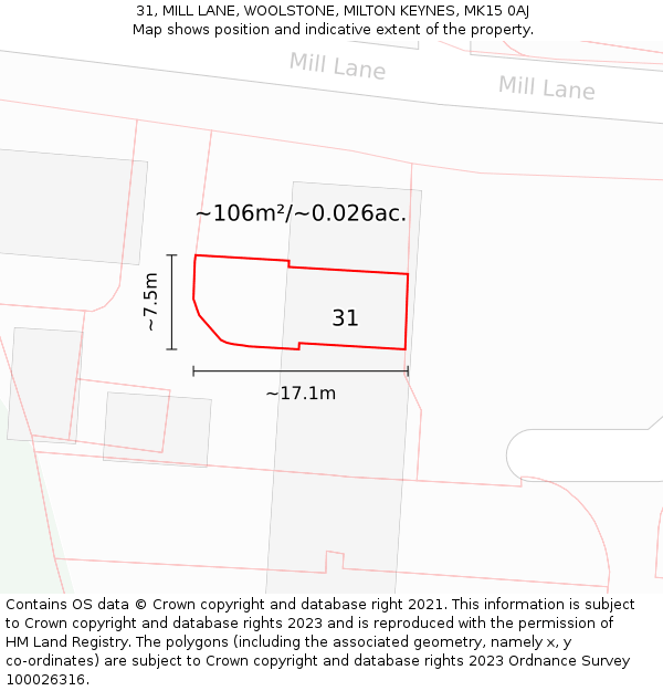 31, MILL LANE, WOOLSTONE, MILTON KEYNES, MK15 0AJ: Plot and title map