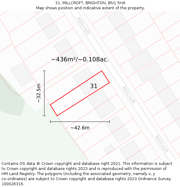 31, MILLCROFT, BRIGHTON, BN1 5HA: Plot and title map