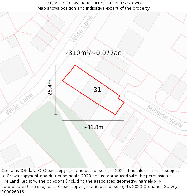 31, MILLSIDE WALK, MORLEY, LEEDS, LS27 8WD: Plot and title map