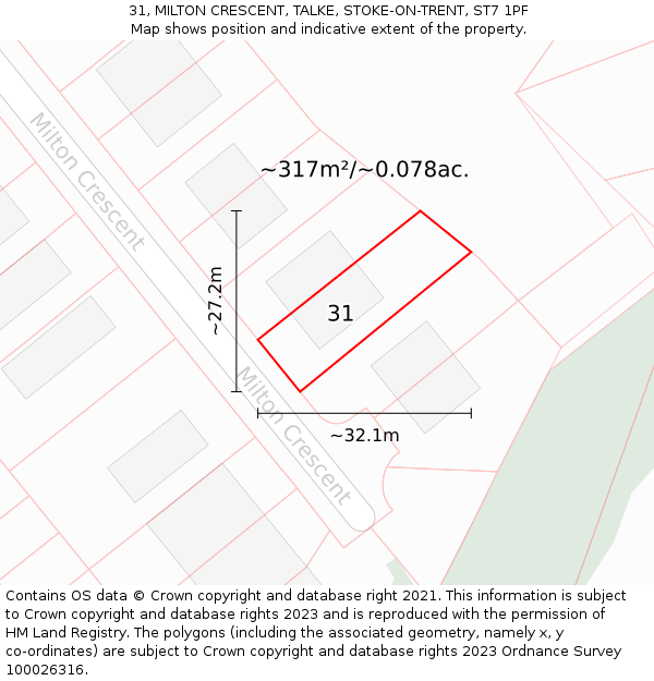 31, MILTON CRESCENT, TALKE, STOKE-ON-TRENT, ST7 1PF: Plot and title map