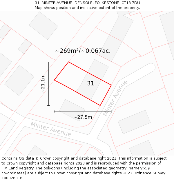 31, MINTER AVENUE, DENSOLE, FOLKESTONE, CT18 7DU: Plot and title map