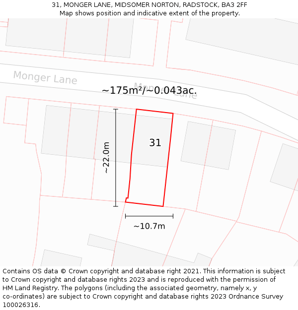 31, MONGER LANE, MIDSOMER NORTON, RADSTOCK, BA3 2FF: Plot and title map