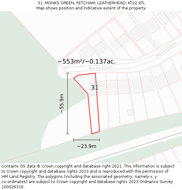 31, MONKS GREEN, FETCHAM, LEATHERHEAD, KT22 9TL: Plot and title map