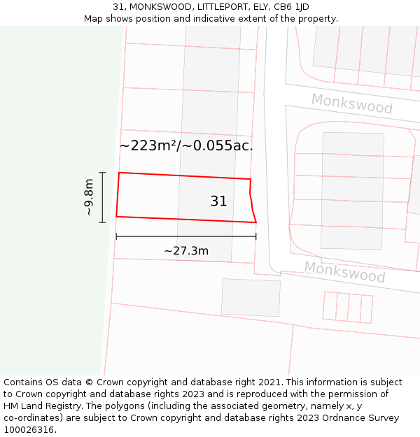 31, MONKSWOOD, LITTLEPORT, ELY, CB6 1JD: Plot and title map