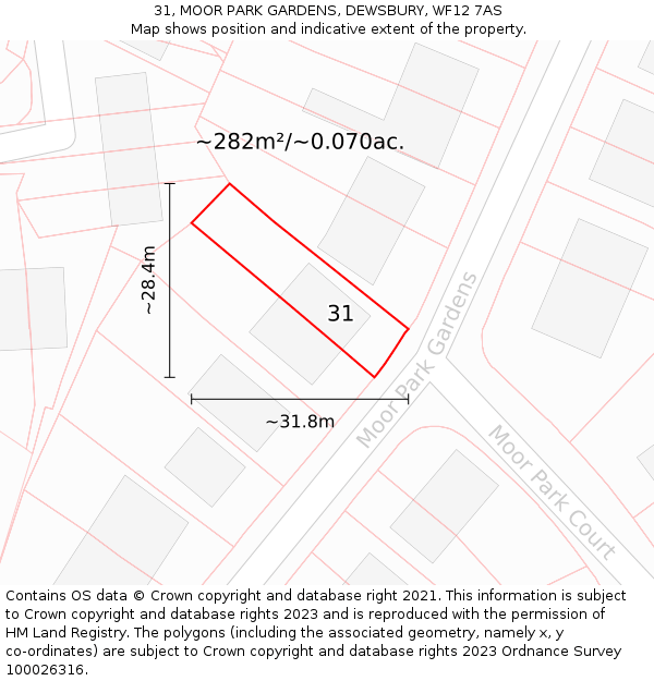 31, MOOR PARK GARDENS, DEWSBURY, WF12 7AS: Plot and title map