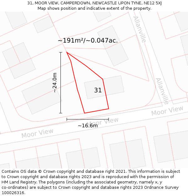 31, MOOR VIEW, CAMPERDOWN, NEWCASTLE UPON TYNE, NE12 5XJ: Plot and title map