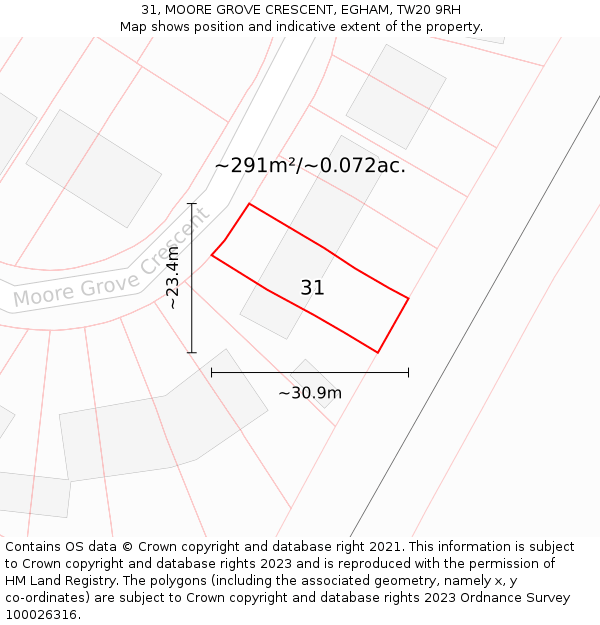 31, MOORE GROVE CRESCENT, EGHAM, TW20 9RH: Plot and title map