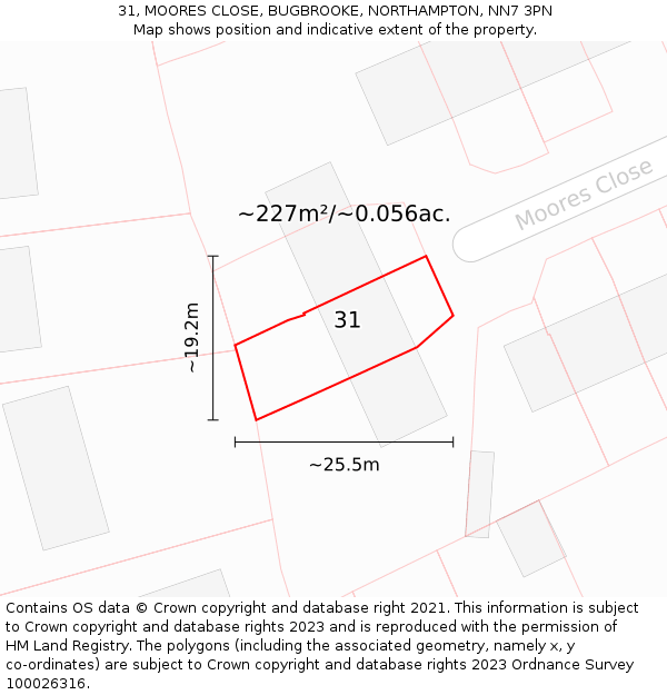 31, MOORES CLOSE, BUGBROOKE, NORTHAMPTON, NN7 3PN: Plot and title map