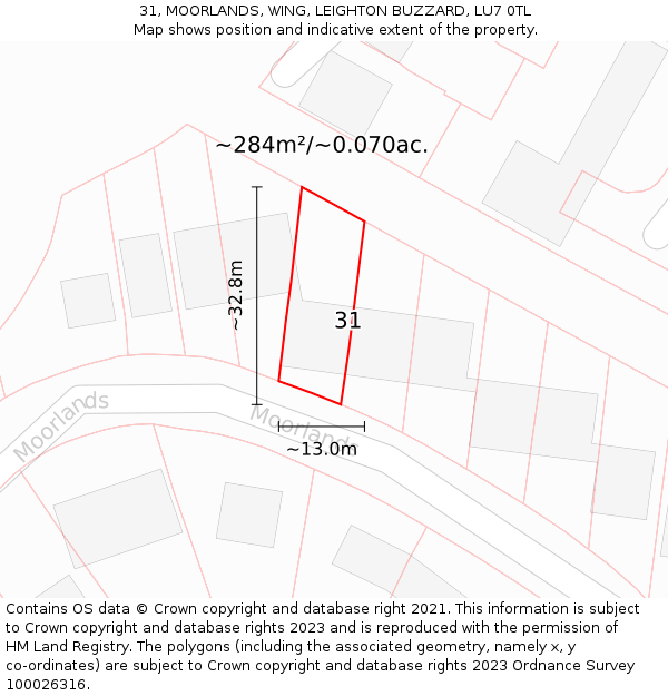 31, MOORLANDS, WING, LEIGHTON BUZZARD, LU7 0TL: Plot and title map
