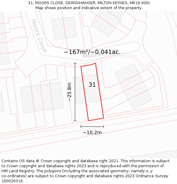 31, MOORS CLOSE, DEANSHANGER, MILTON KEYNES, MK19 6GN: Plot and title map