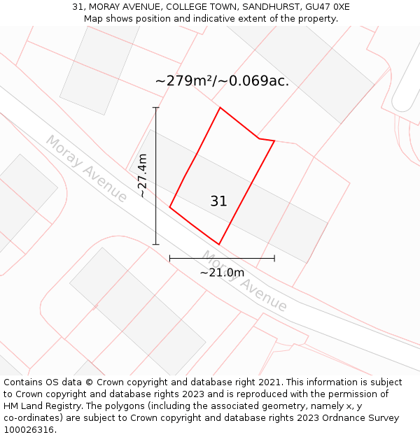 31, MORAY AVENUE, COLLEGE TOWN, SANDHURST, GU47 0XE: Plot and title map