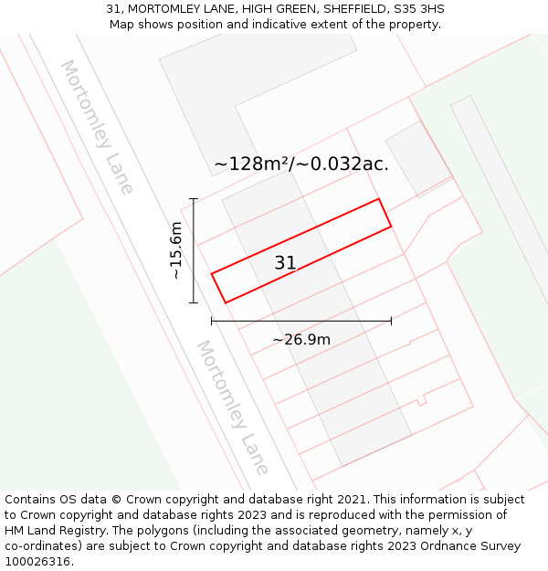 31, MORTOMLEY LANE, HIGH GREEN, SHEFFIELD, S35 3HS: Plot and title map