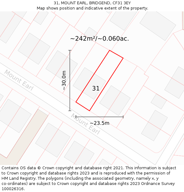 31, MOUNT EARL, BRIDGEND, CF31 3EY: Plot and title map