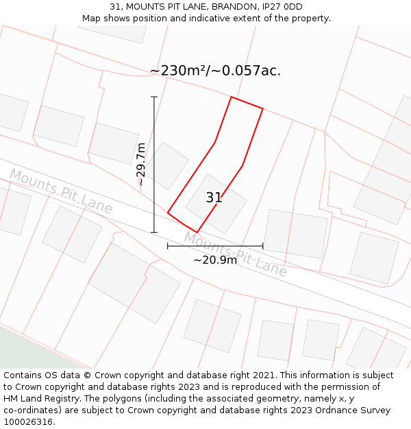31, MOUNTS PIT LANE, BRANDON, IP27 0DD: Plot and title map