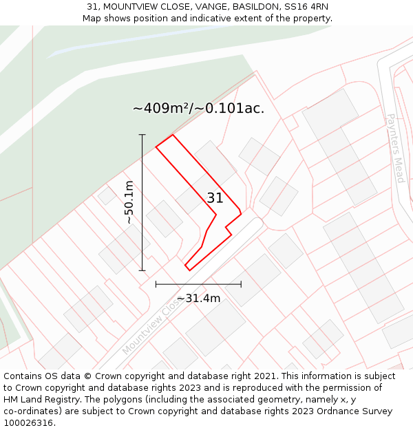 31, MOUNTVIEW CLOSE, VANGE, BASILDON, SS16 4RN: Plot and title map