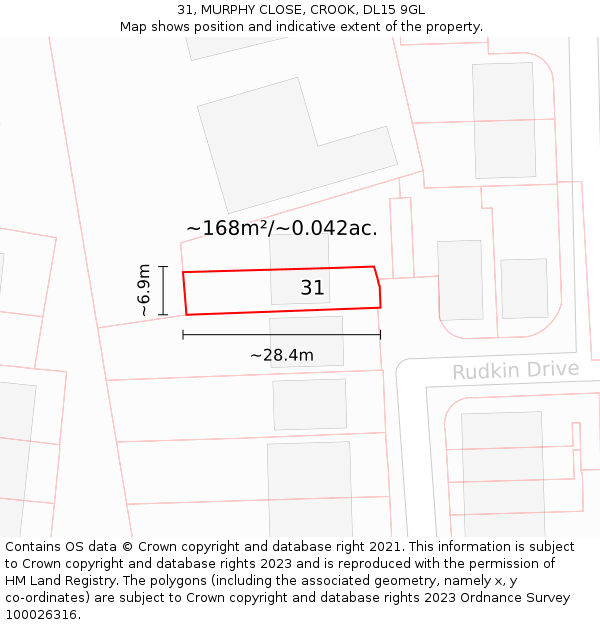 31, MURPHY CLOSE, CROOK, DL15 9GL: Plot and title map