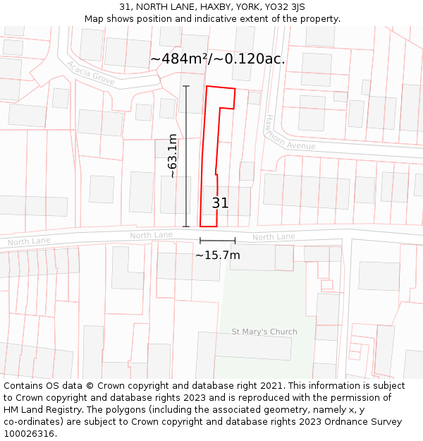 31, NORTH LANE, HAXBY, YORK, YO32 3JS: Plot and title map
