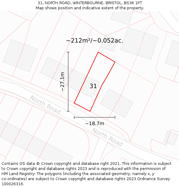 31, NORTH ROAD, WINTERBOURNE, BRISTOL, BS36 1PT: Plot and title map
