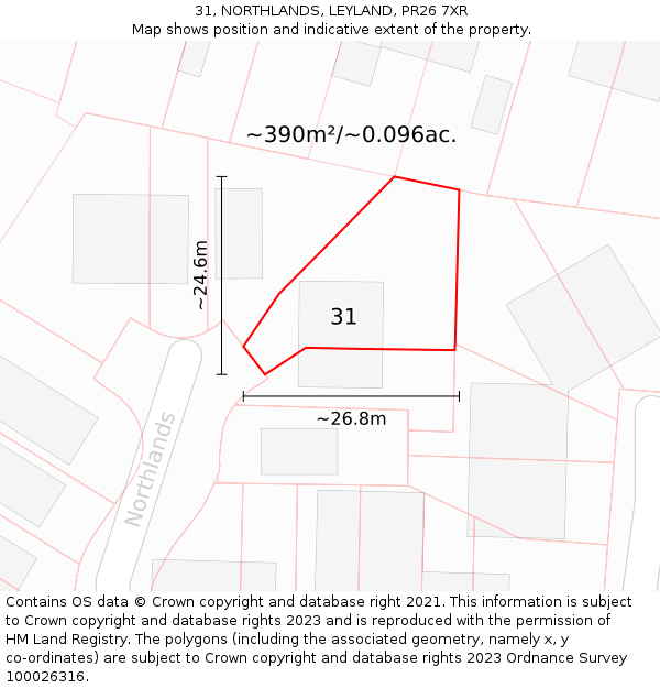 31, NORTHLANDS, LEYLAND, PR26 7XR: Plot and title map