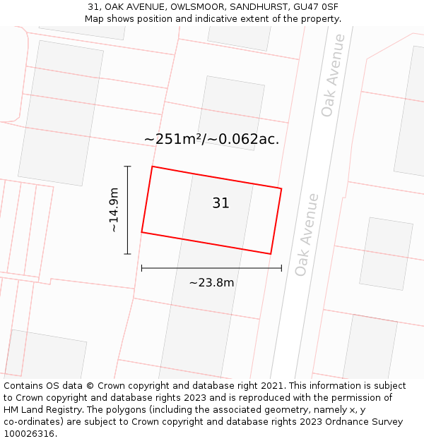 31, OAK AVENUE, OWLSMOOR, SANDHURST, GU47 0SF: Plot and title map