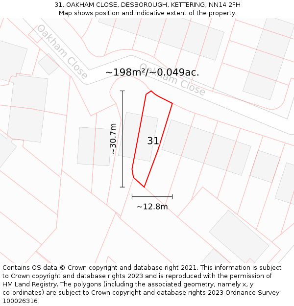 31, OAKHAM CLOSE, DESBOROUGH, KETTERING, NN14 2FH: Plot and title map