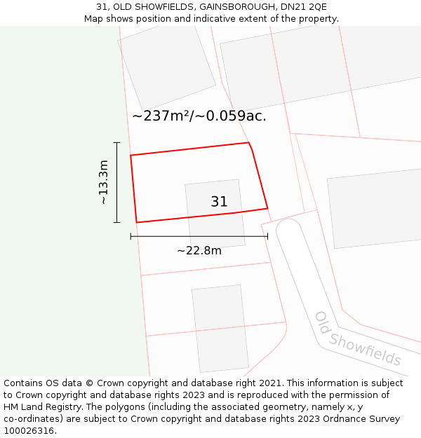 31, OLD SHOWFIELDS, GAINSBOROUGH, DN21 2QE: Plot and title map