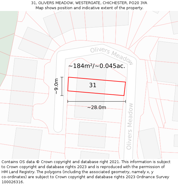 31, OLIVERS MEADOW, WESTERGATE, CHICHESTER, PO20 3YA: Plot and title map