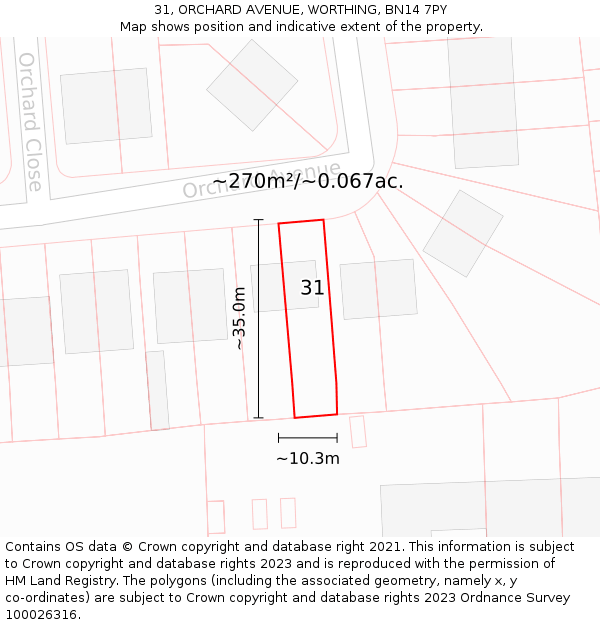 31, ORCHARD AVENUE, WORTHING, BN14 7PY: Plot and title map