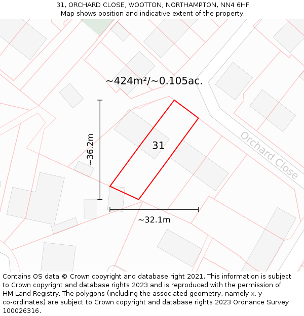 31, ORCHARD CLOSE, WOOTTON, NORTHAMPTON, NN4 6HF: Plot and title map