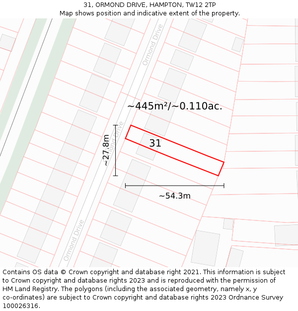 31, ORMOND DRIVE, HAMPTON, TW12 2TP: Plot and title map